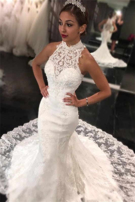 Long Sleeveless Mermaid Wedding Dress With High Neck and Lace Appliques