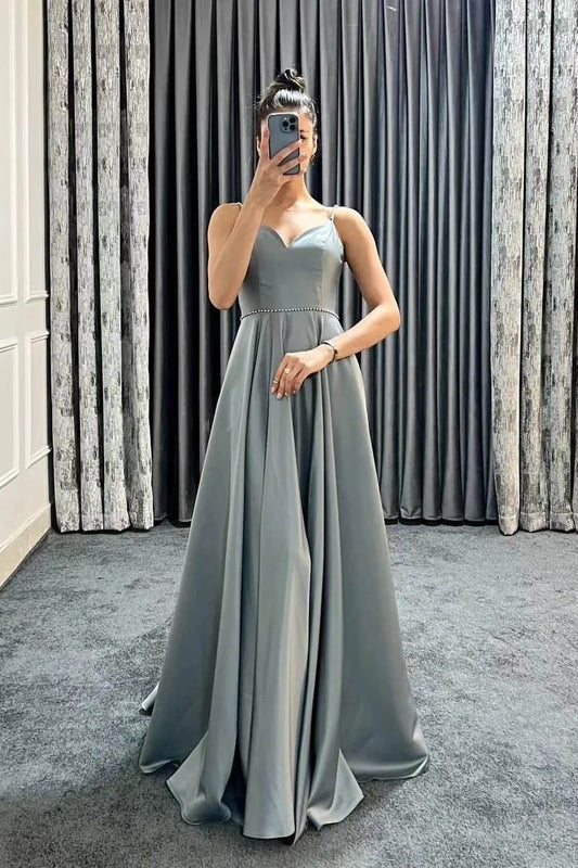 Spaghetti-Straps Sweetheart Long A-Line Prom Dress with Beads