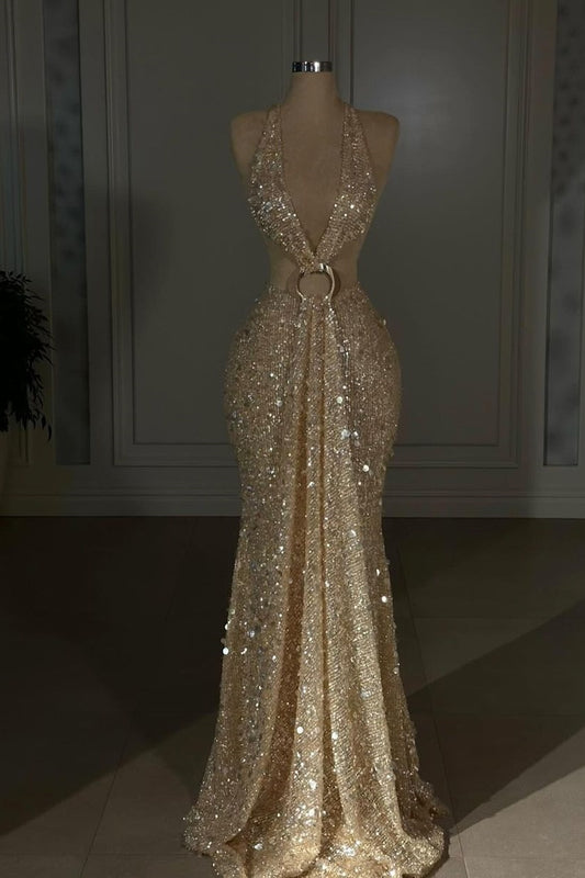 Glamorous Gold Halter Backless Sequin Evening Dress