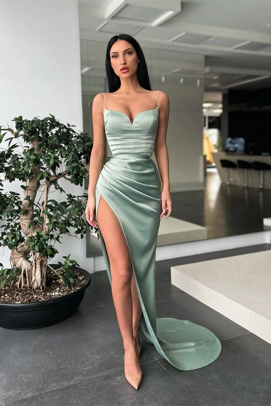 Gorgeous Spaghetti-Straps Dusty Sage Mermaid Prom Dress With Slit