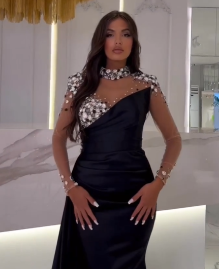 New Arrival Black Long Sleeves Prom Dress High Neck Mermaid With Crystal Beads