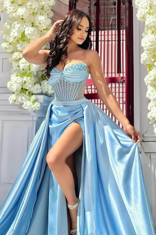 Fabulous Baby Blue Sweetheart Sleeveless Mermaid Prom Gown With Split Beadings Overskirt