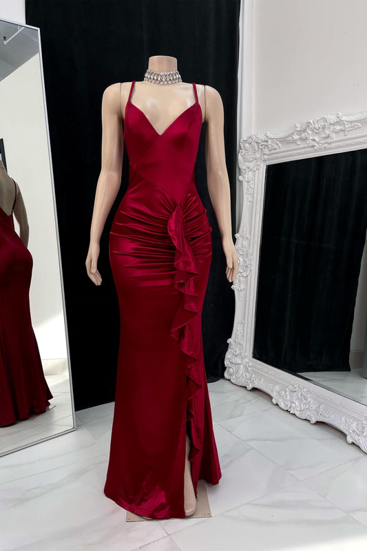 Burgundy Prom Dress Spaghetti Strap Sleeveless Backless Pleated Side Slit