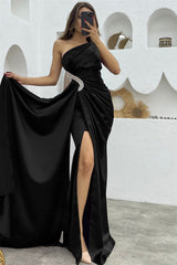 Dark Purple Split Sequins Mermaid One Shoulder Evening Dress with Long Ruffles
