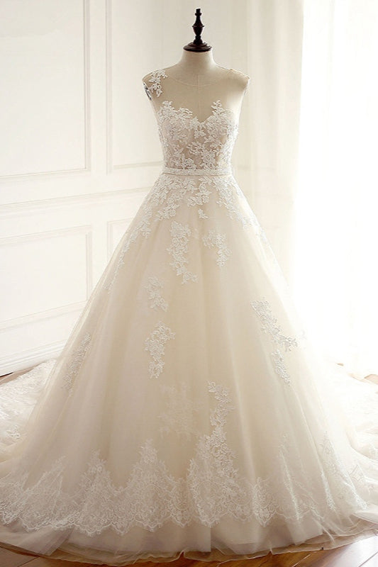 Long A-line Wedding Dress in Elegant Jewel Tulle with Lace Appliques
