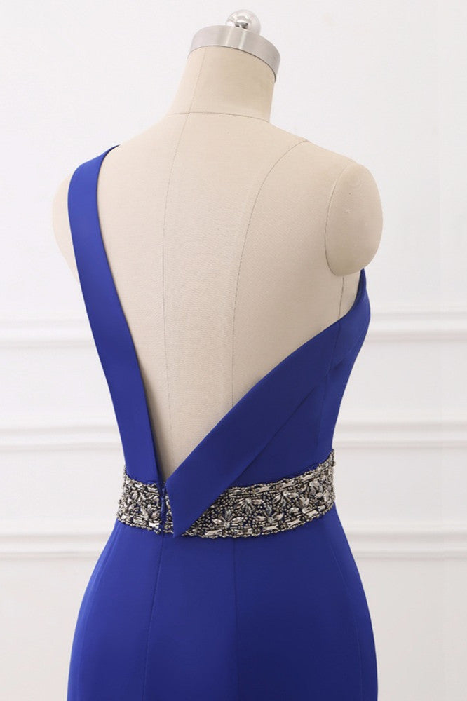Royal Blue One Shoulder Sleeveless Mermaid Prom Dress with Beads Rhinestones