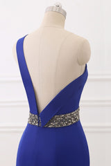 Royal Blue One Shoulder Sleeveless Mermaid Prom Dress with Beads Rhinestones