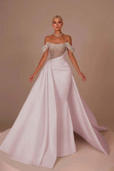 White Off-the-Shoulder Sequins Long Prom Dress Sleeveless with Beads