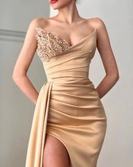 Gorgeous Champagne Sweetheart Mermaid Long Prom Dress Split With Beads