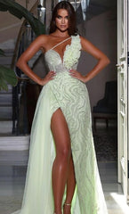 Green Heavy Sequins Prom Dress Sleeveless One Shoulder with High Slit