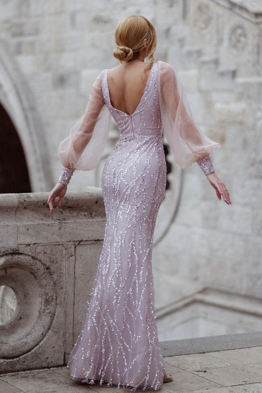 Sexy Pink V-Neck Prom Dress With Long Sleeves