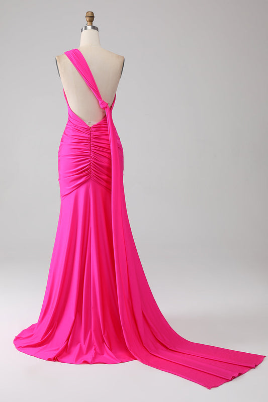 Stunning Fuchsia Asymmetrical Sleeveless Mermaid Prom Dress with Train
