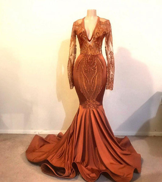Long Sleeves V-Neck Prom Dress Mermaid Long Evening Gown