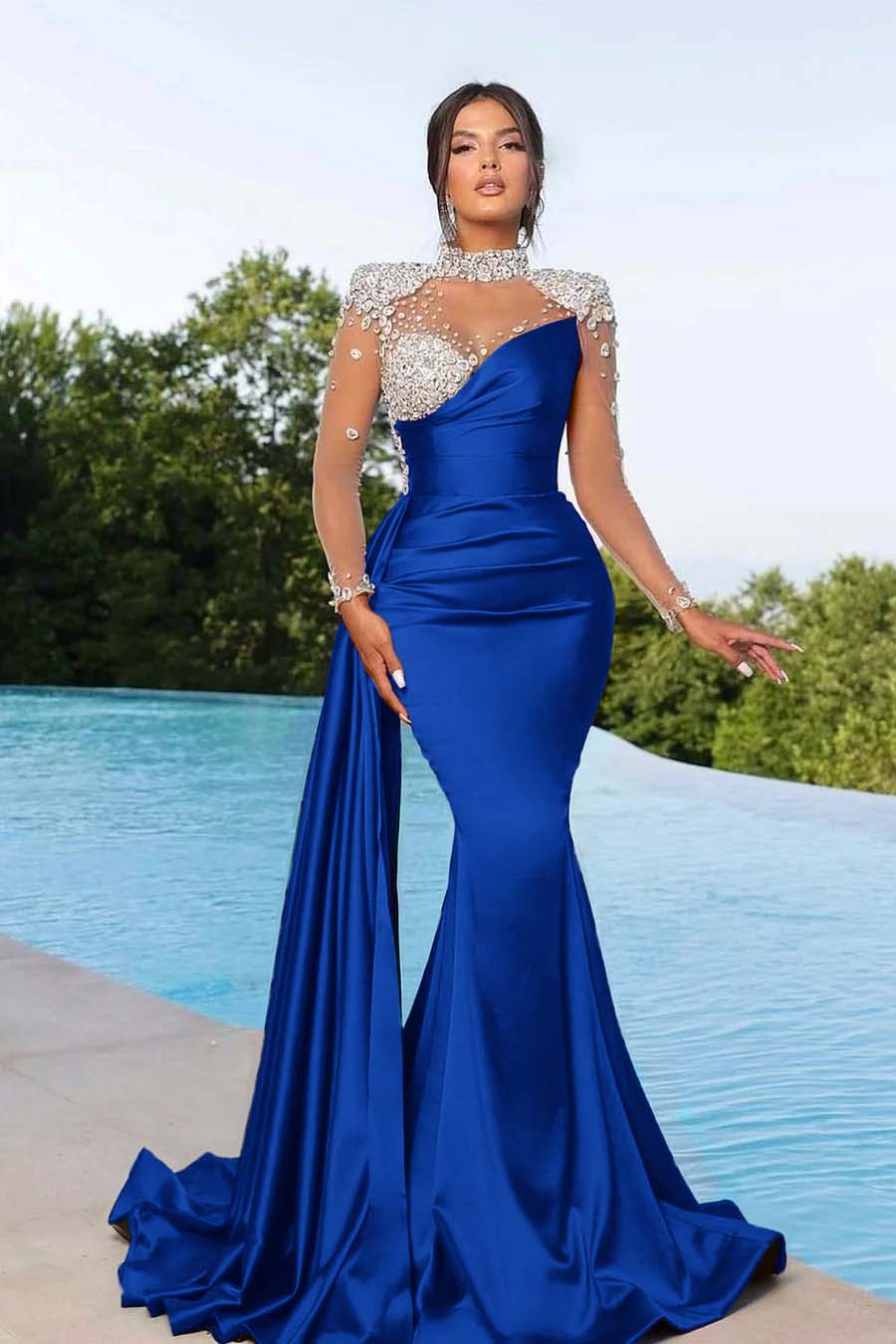 Purple Prom Dress Long Mermaid Satin With Trail Beadings Long Sleeves