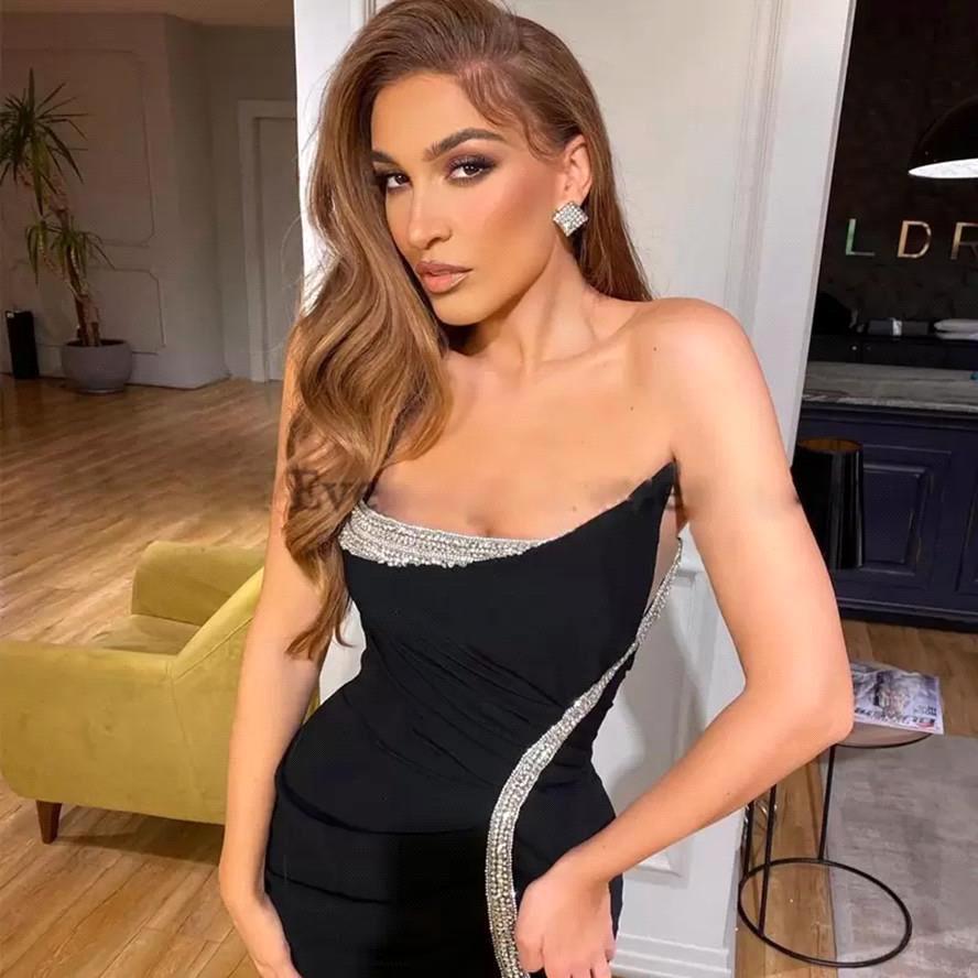 Amazing Strapless Black Prom Dress Mermaid Slit WIth Silver Decor