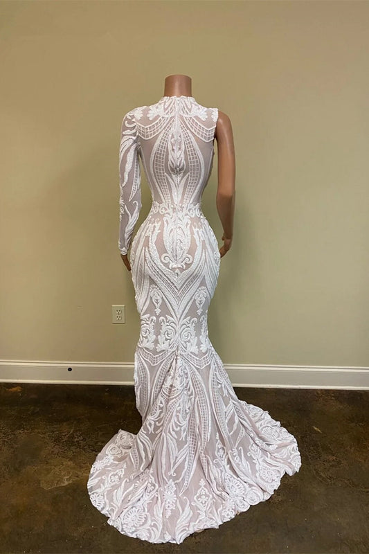 White One-Shoulder Long Sleeves Prom Dress Mermaid Sequins Lace with Split