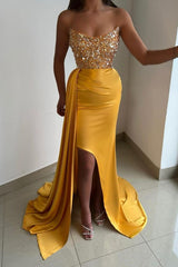 Modest Yellow Gold Strapless Mermaid Prom Dress Long Slit WIth Sequins