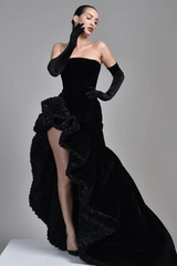Black Evening Dress Half Sleeves Off-the-Shoulder High Slit