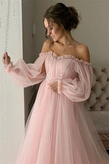 Stunning Long Sleeves Tulle Prom Dresses Off-the-Shoulder Long