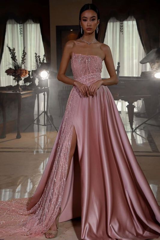 Modern Pink Sequins Prom Dress Long Slit Sleevless Online