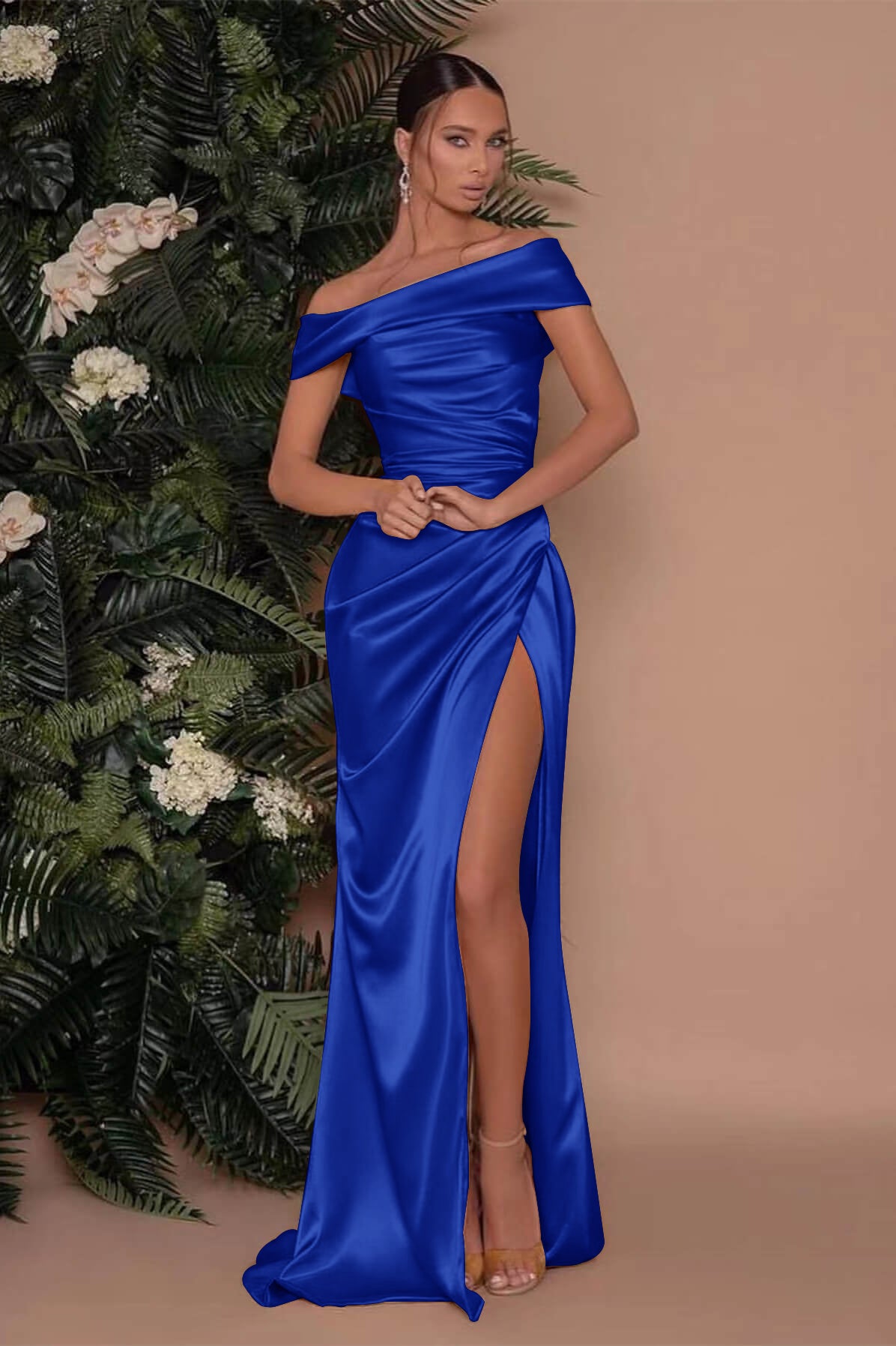 Champagne Off the Shoulder Charmeuse Prom Dress Split Mermaid