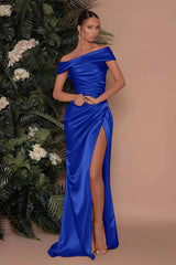 Champagne Off the Shoulder Charmeuse Prom Dress Split Mermaid