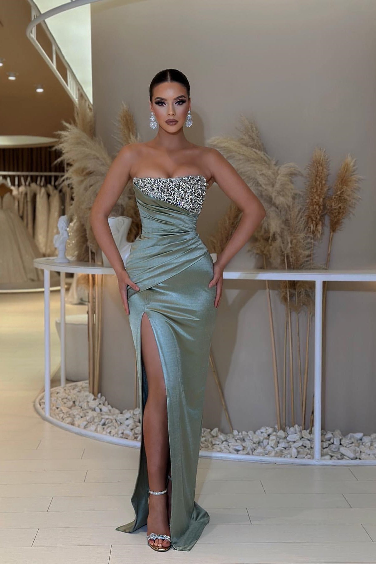 Amazing Dusty Sage Strapless Prom Dress Mermaid Slit Long With Beads