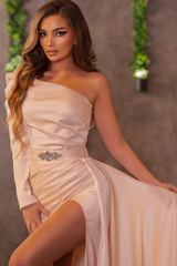 Elegant Long Prom Dress One Shoulder Pleated With High Slit