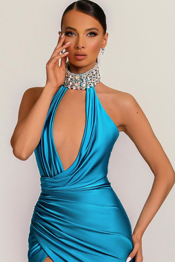 Modern High Neck Prom Dresses Mermaid Sleeveless Slit With Crystal