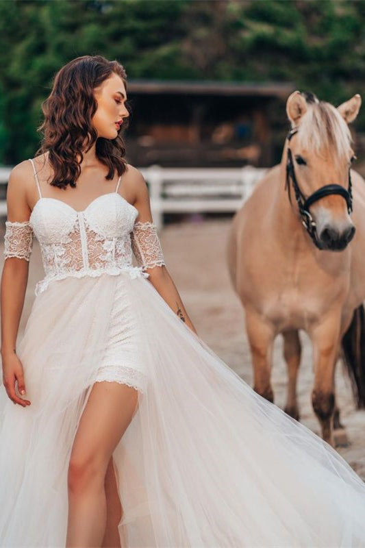 Wedding Dress with Detachable Spaghetti Straps and Lace Split