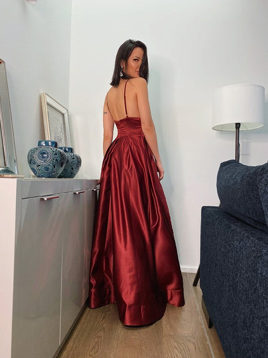 Burgundy Spaghetti-Straps Prom Dress With Slit