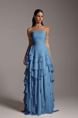 Charming Strapless Sleeveless Square Ruffles Long Prom Dress With Gloves