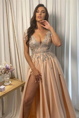 Champagne Prom Dress Lace V Neck Applique with Split