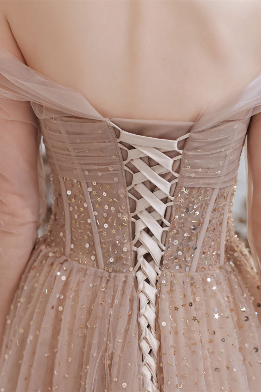 Gorgeous Sheer Long Sleeves Prom Dress Tulle Lace-up Off-the-Shoulde