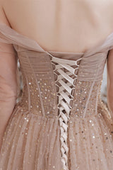 Gorgeous Sheer Long Sleeves Prom Dress Tulle Lace-up Off-the-Shoulde
