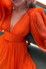 Elegant Deep V-Neck Long Sleeves Prom Dress Bubble Sleeves