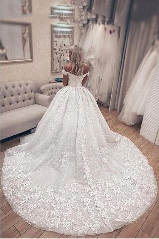 A-Line Off-The-Shoulder Wedding Dresses in Classic Lace