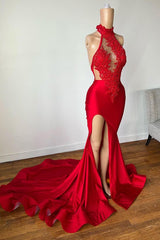 New Arrival Red High Neck Prom Dress Mermaid Slit Long With Appliques