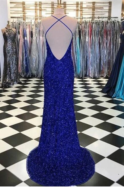 Gorgeous Royal BlueV-Neck Halter Prom Dress Mermaid Sequins Party Gowns