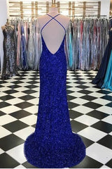 Gorgeous Royal BlueV-Neck Halter Prom Dress Mermaid Sequins Party Gowns