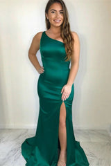 Dark Green One Shoulder Mermaid Prom Dress With Slit
