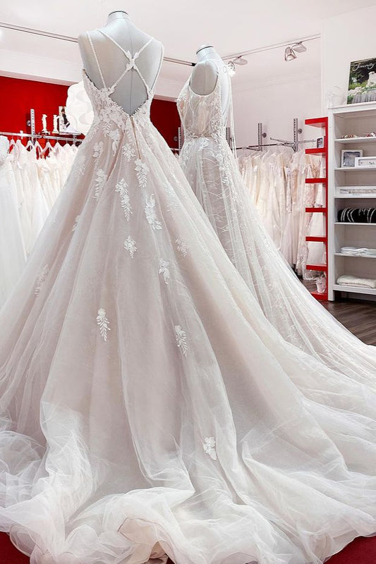 Elegant Backless V-Neck A-Line Wedding Gown with Ruffles and Sleeveless Design