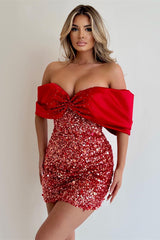 Fabulous Off-the-Shoulder Red Short Party Dress Sequins Prom Dress