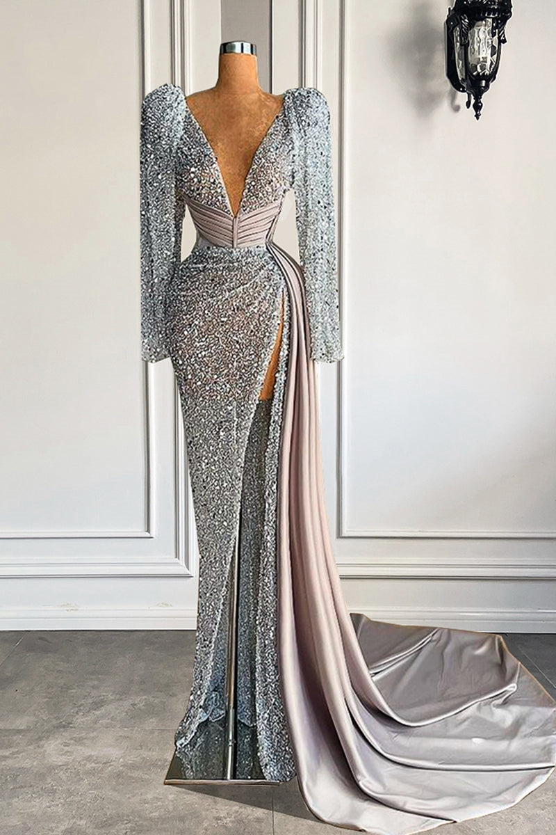 New Arrival V-Neck Long Sleeves Prom Dress Sequins With Slit