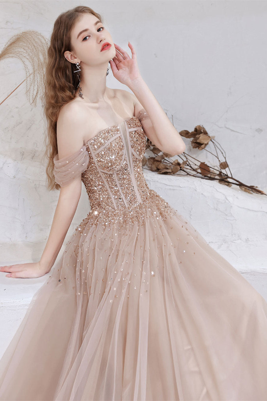 Gorgeous Off-the-Shoulder Tulle Prom Dress With Sequins Lace-Up