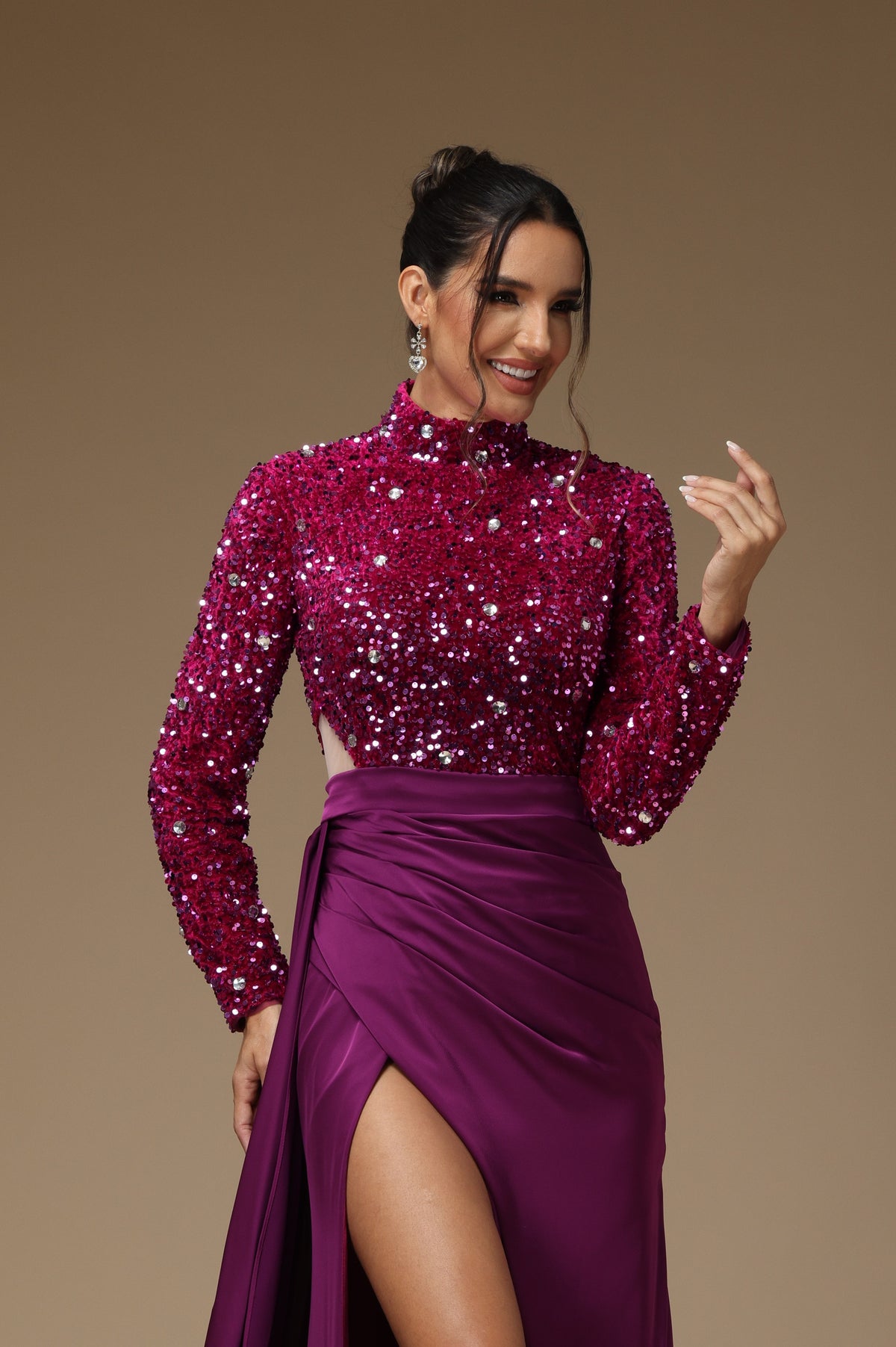 Grape Prom Dress Sequins Long Sleeves With Halter High Slit
