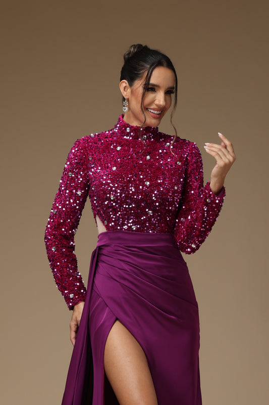 Grape Prom Dress Sequins Long Sleeves With Halter High Slit
