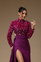Grape Prom Dress Sequins Long Sleeves With Halter High Slit