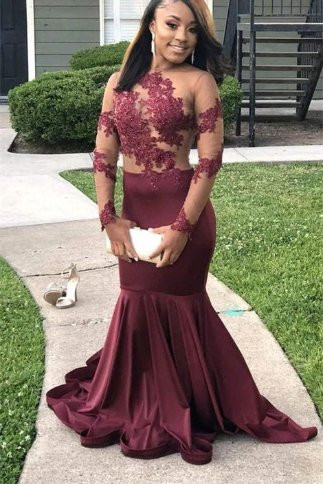 Fabulous Burgundy Long Sleeves Prom Dress Mermaid With Lace Appliques