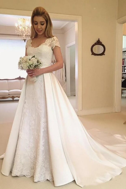 Long A-line Satin Wedding Dress With Sleeves and Brush Train